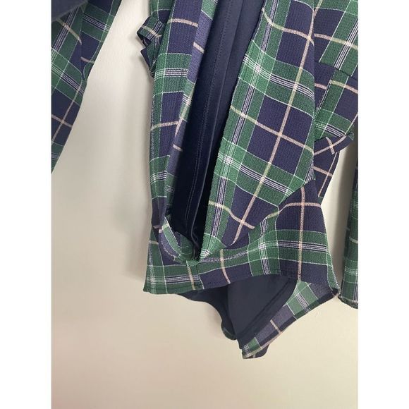 Francesca’s Size M Romper Green and Blue Plaid Long Sleeve with Waist Tie Belt - Picture 5 of 6